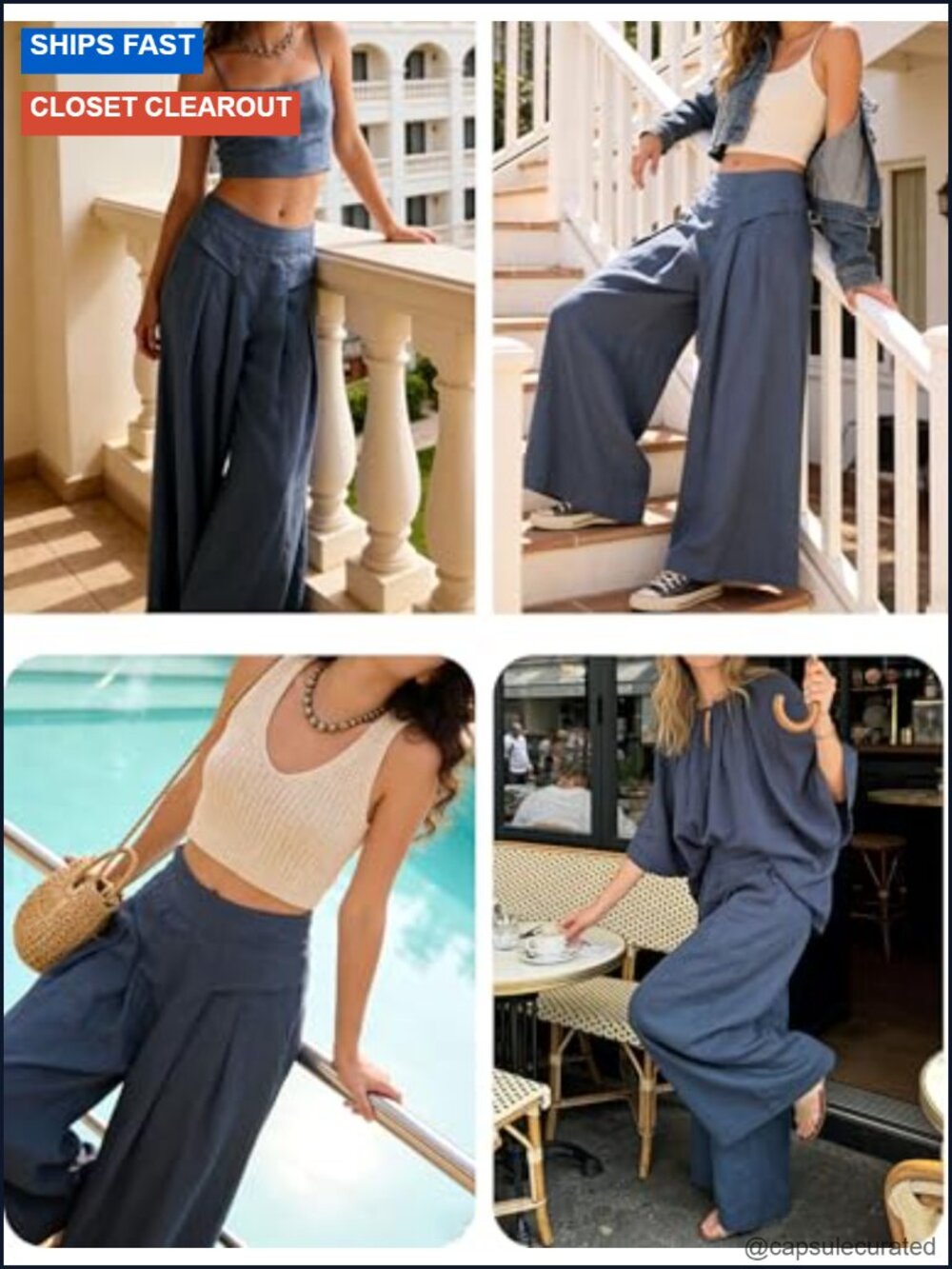 Wide Leg Cotton Linen Culottes Pants with Pockets Elastic Waist - Picture 5 of 6